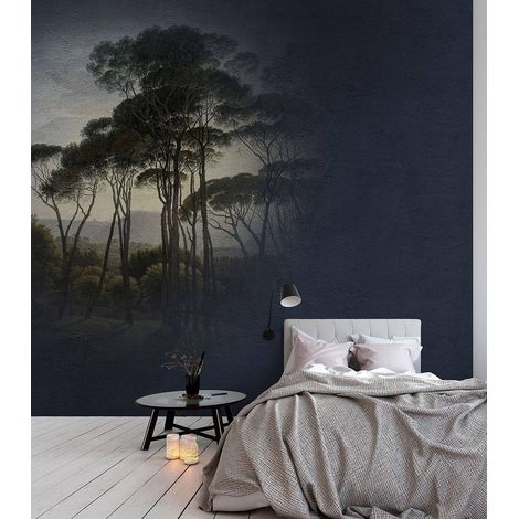 Papier peint panoramique chambre adulte effet peinture | Tapisserie panoramique forêt bleu marine | Papier peint panoramique idéal couloir - 270 x 200 cm (2 pièces) (1/5)