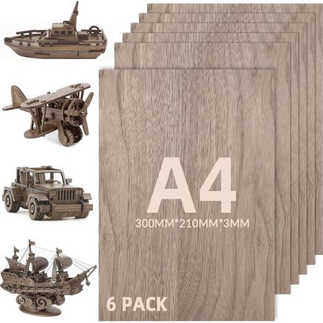 Lot de 6 Contreplaqué A4, 300x210x3mm Contreplaqué Noyer Plaques multiplex,Planche en Bois Bricolage,pour Modélisme Artisanat en Bois Découpe Laser Pyrogravure (1/5)