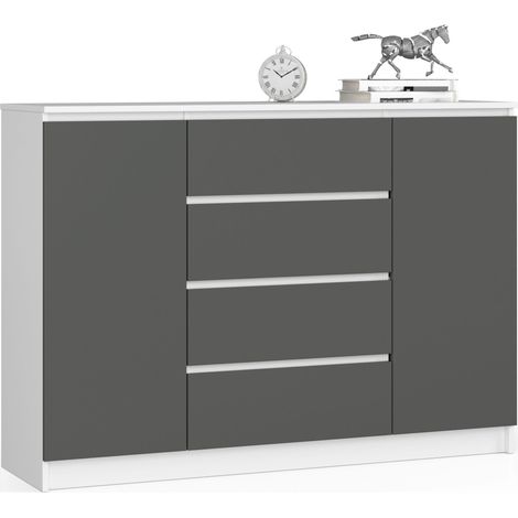Kommode AKORD K140 Weiß 138 cm 2 Türen 4 Schubladen 4 Ebenen Front Graphitgrau B138 x H99 x T40 cm