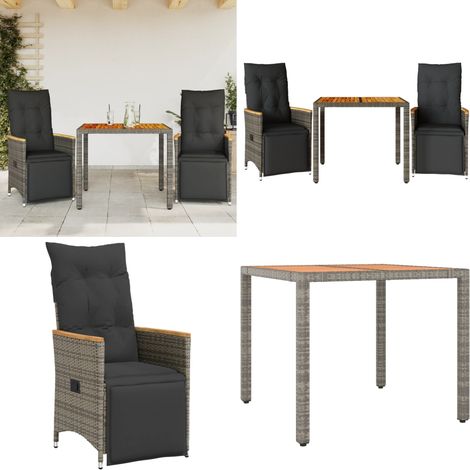 3-tlg. Garten-Bistro-Set mit Kissen Grau Poly Rattan - Gartenmöbel - Lounge Sessel - Outdoor Möbel - Rattan Gartenmöbel - Esstisch - Home & Living (1/5)