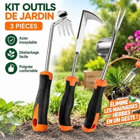 Set de 3 outils de jardinage désherbage en acier inoxydable : désherbeur, fourche à 4 dents et outil en L, pour pelouse, potager et fleurs (1/5)