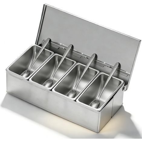 Zutatenbehälter aus Edelstahl mit 4 Fächern: Gewürzorganizer mit 4 Fächern, Deckel und Löffel, Pizza-Belagstation für den Hausgebrauch (1/5)