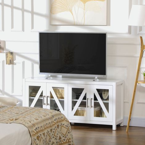 Mueble TV de Salón Mesa para Televisores de hasta 58" con 4 Puertas de Vidrio Estantes Ajustables 130x35x60 cm Blanco (1/5)