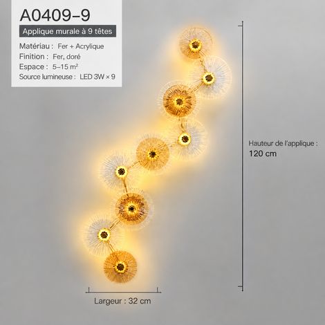 Applique Murale LED Design Cristal en Verre 9 têtes, Variation 3 couleurs, 41 × 31 × 15 cm, 1,85 kg – Livraison gratuite