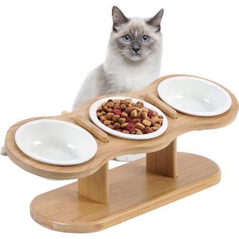 Juego de 3 cuencos de cerámica elevados + soporte de madera, para comida seca/húmeda para gatos/perros pequeños. (1/4)