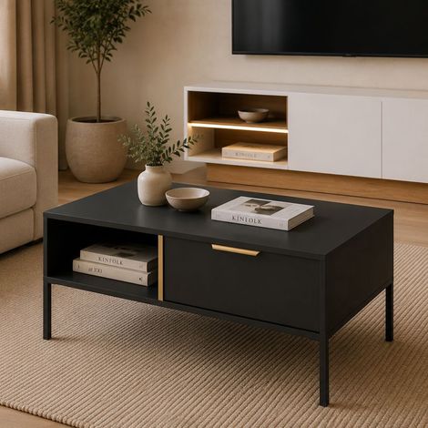 Couch-Tisch Karo, 2 Schubladen, mit Füßen, ein Fach, 97x60x44h cm Anthrazit-Schwarz (1/5)