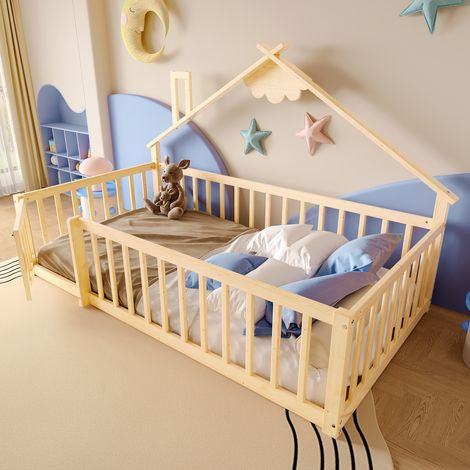 Lit enfant cabane 90x200 cm, pin naturel, barrière de 32 cm, sans matelas - FloraGrace