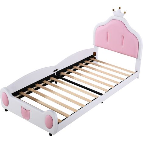 Cama infantil tapizada 90 x 200 cm con cabecero corona, polipiel blanca y rosa, HOMVRA (1/5)