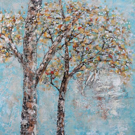 Abstrakte Gemälde Kuatéh 100 x 100 cm Herbstbäume mit blauem Himmel Collage in Aluminium