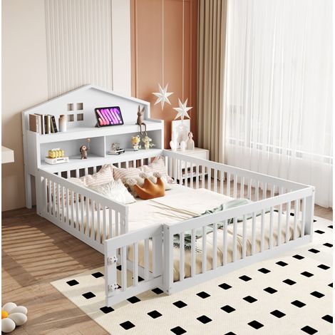 DESVIAE Lit enfant cabane 140 x 200 cm avec rangements tête de lit ardoise barrière porte sommier à lattes bois massif blanc (1/5)