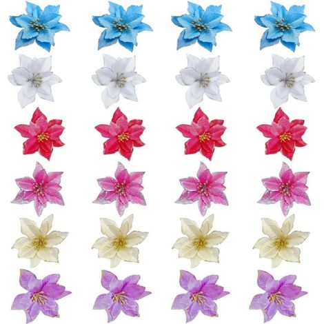 24x Weihnachtsstern Künstliche Blumen Set in Rot Gold Blau Rosa Glitzer (1/5)