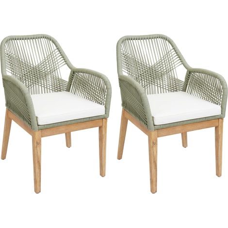 [NUNCA USADO] Lote de 2 sillas de jardín HHG-678b, sillón de exterior, mimbre de cuerda resistente a la intemperie Madera de cuerda acacia, cojines verde crema (1/5)