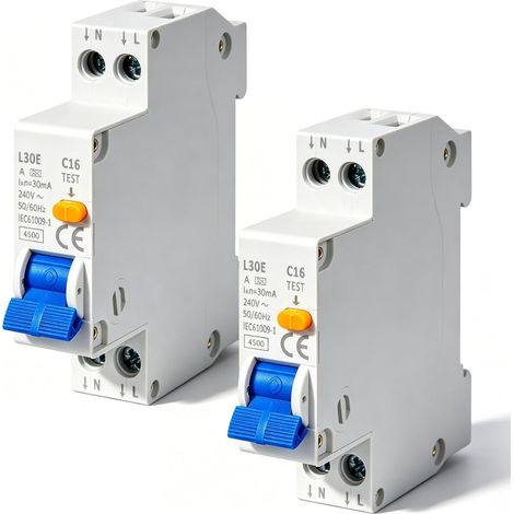 Lot de 2 disjoncteurs FI/LS - RCBO C16A - 30 mA - Disjoncteur - Courant nominal - 230 V - Type A - Montage sur rail DIN - Courbe C (1/5)