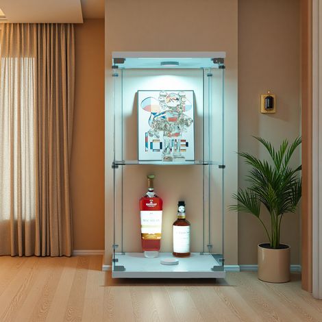 Vitrine en verre à éclairage LED, 2 niveaux avec portes, bibliothèque rare sur pied, idéale pour un salon, une chambre ou un bureau. Blanc (86 x 40 x 37 cm). (1/5)