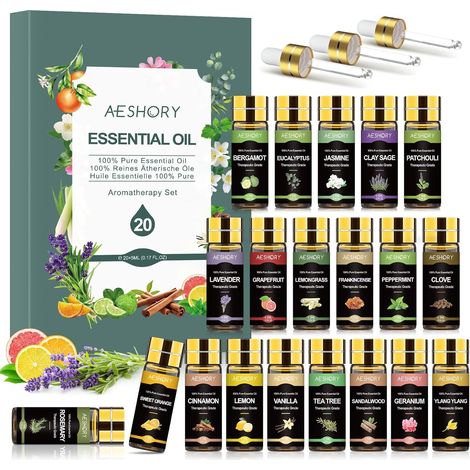Kit Huiles Essentielles 20 x 5ML, Huiles Essentielles Aromathérapie Naturelle pour Diffuseurs, pour SPA, Massage, Bain, Idéal Coffret Cadeau - Lavande, Jasmin, Eucalyptus, Romarin (1/5)