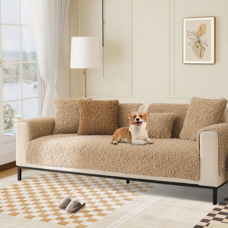 Soft Plush Sofa Cover, Non-Slip Covers for 1/2/3/4 Seater Sectional Sofas, L-Shaped Furniture Protector for Living Room (Light Brown, 110x180cm) (1/5)