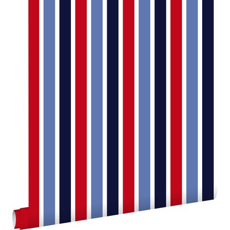 papier peint rayures verticales bleu foncé, rouge et blanc - ESTAhome (1/5)
