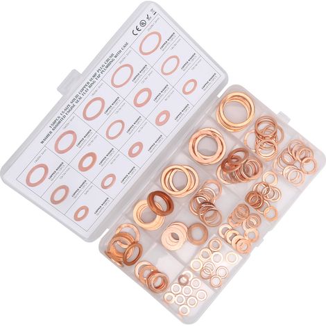 150Pcs Rondelles en Cuivre Assortiment Kit, 15 Tailles, M5 à M22, Assortiment de Joint Rondelle Plate en Laiton, pour Bagues d'Étanchéité et Joint de Bouchon de Vidange (1/5)