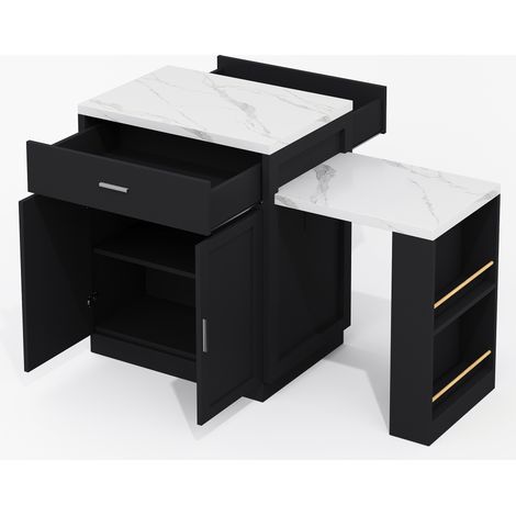 Îlot de cuisine avec table extensible pour 2-6 personnes, rangement, prise électrique, noir et blanc effet marbre (1/5)