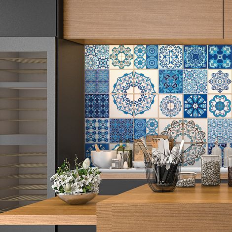 Sticker Mural Carrelage adhésif Cuisine Salle de Bain - 30 STICKERS CARREAUX DE CIMENT AZULEJOS VENERE - 30stickers15x15cm (1/5)