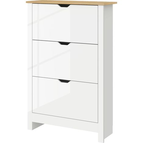 Slim Shoe Cabinet, Narrow Shoe Cupboard 3 Flip Drawers, Adjustable Shelves for 18 Pairs of Shoes, High Gloss White (1/5)