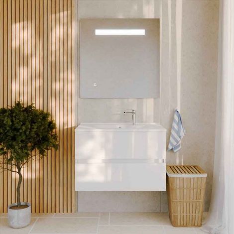 Meuble salle de bain 80 cm ROSALY avec plan vasque et miroir Elégance ht80- Blanc- Plan vasque en Résine (1/5)