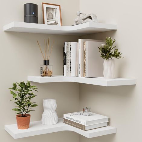 Etagere Murale en Bois Etagere D’Angle Suspendue Etagere d’AngleÉtagère d’Angle en Forme L Barre Etagere Angle pour Salon Chambre Salle De Bain Couloir Bureau Decoration Lot De 3 (Blanc) (1/5)