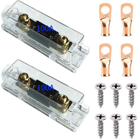 2 Pièces 100A ANL Porte-fusibles 100 Amp de Calibre 0/2/4 avec Fusibles ANL de 100A pour Voiture, Camion, Bricolage + 4 Pièces Cuivre Anneau Borne 3/8" Pour Systèmes Audio et Vidéo