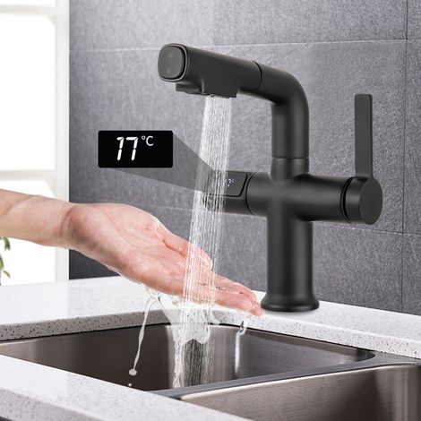 Grifo extraíble para fregadero de cocina con indicador de temperatura digital, grifo de cocina con rociador extraíble, grifo giratorio y extensible para fregadero de cocina (1/5)