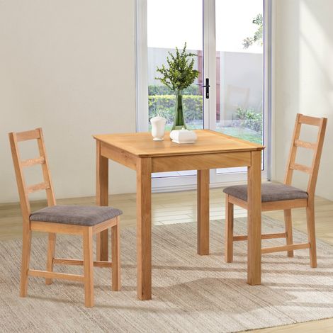 Hallowood Furniture Hereford Oak Dining Table and Chairs Set 2, Square Solid Oak Small Kitchen Table and Chairs with Ladder Back and Grey Fabric Padded Seats, Dining Room Sets for Home and Café