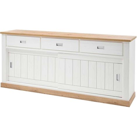 Credenza Soggiorno 3 Cassetti 2 Ante Scorrevoli 4 Ripiani Interni Mobile Buffet Madia Dispensa Cucina Zona Living Design Classico Moderno 220 x 50 x 95 Cm Colore Bianco E Rovere