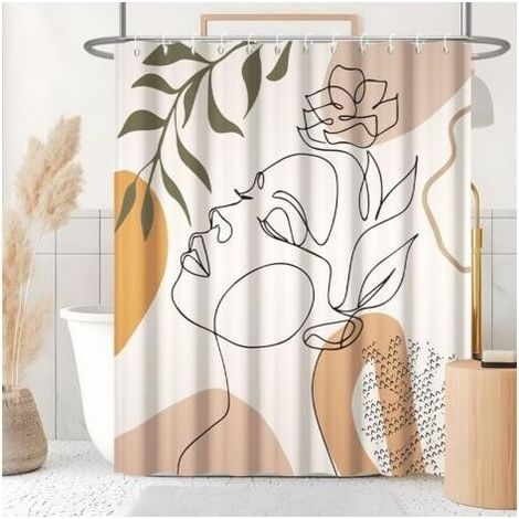 Rideau Douche Anti Moisissure, Rideau de Douche Orange 180x180cm Tissu Lavable Boheme Rideaux de Baignoire Visage Abstrait Feuilles Vert Imperméable Rideaux Salle de Bain avec 12 Crochets (1/4)