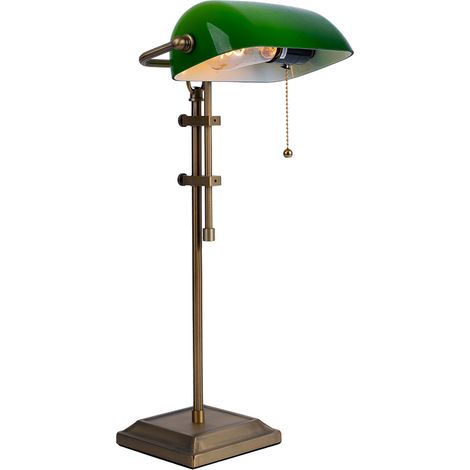 Lampe de bureau lampe de banquier lampe de table vieux laiton verre vert lampe de lecture réglable en hauteur, interrupteur à tirette, 1x E27, LxH 26,5x56 cm (1/5)