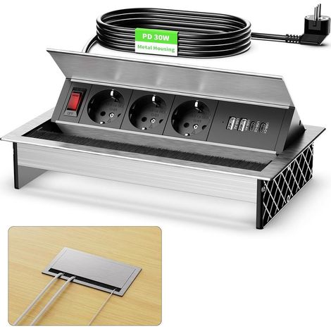 Aluminium Prise Encastrable avec 2 USB C PD 30 W avec Interrupteur, Multiprise Encastrable Plan de Travail 3 Prises pour Cuisines Bureaux Salle de Réunion, 1.8M Câble, 2400W/10A (1/5)