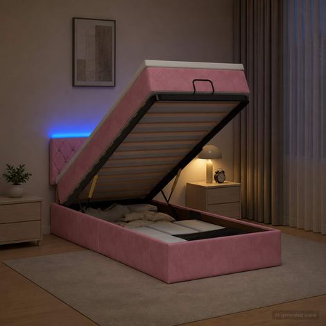 Cama tipo otomana con colchón y LED Rosa 100 x 200 cm (1/5)