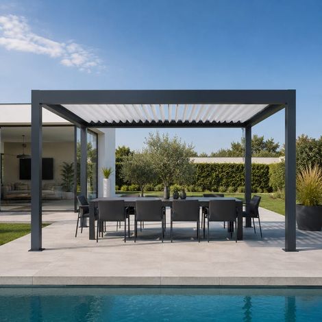 Pergola Bioclimatique Aluminium Autoportante Anthracite 4x3,5 Manuelle Caleta France (1/5)