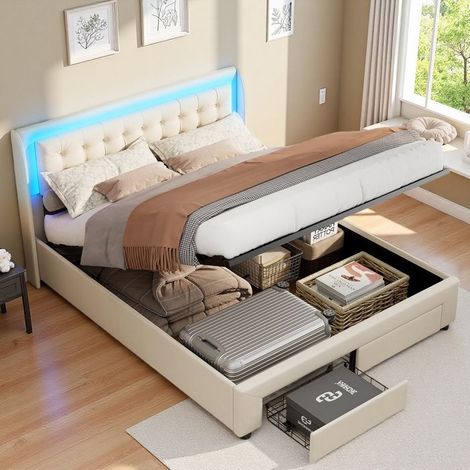 Cama de terciopelo acolchado con cabecero tapizado + Somier, Cama 160x200 cm con iluminación LED y 2 Cajones, Decoración con botón (1/5)