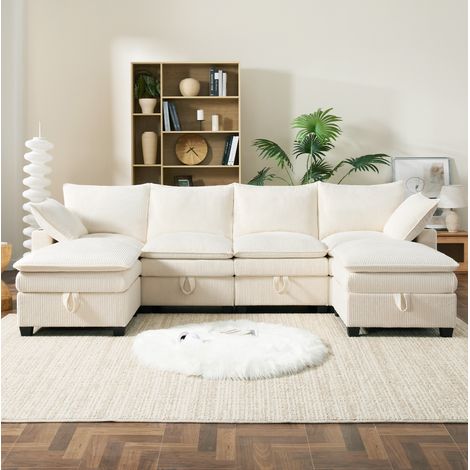 Canapé d’angle modulaire 280x151x82 cm beige en velours côtelé avec rangement, ports USB et 2 poufs (1/5)