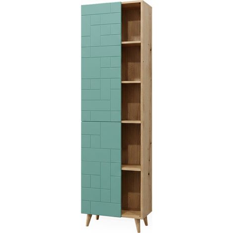 Meuble de rangement de salle de bain Rudi, Vert menthe, 56 x 193 cm avec portes, et compartiments ouverts, Vicco (1/5)