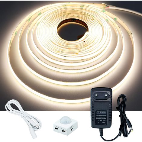 12V Détecteur de Mouvement COB Ruban à LED 5M Blanc Naturel 4000K CRI 93+ IP20 Non étanche Bande Lumineuse LED avec Adaptateur Secteur pour Armoires de Cuisine Escalier Vitrine Chambre Lit (1/5)