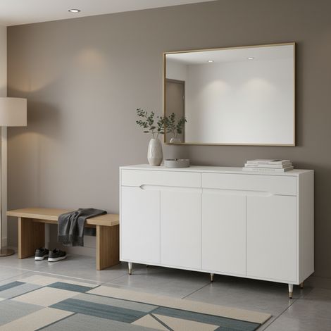 URBAN MEUBLE Meuble à chaussures blanc buffet d'entrée avec pieds dorés 4 portes et 2 tiroirs 140x39x84cm