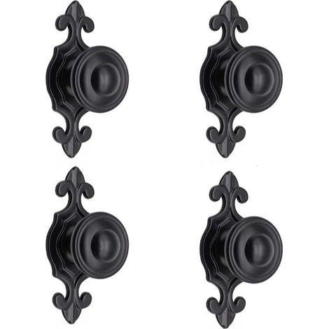 4 Black Door Handles with Base, Vintage Country Pulls for Cabinets, Drawers, Cupboards or Doors, 74mm (1/4)