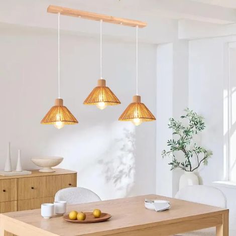 3lampes Lustre Industriel,22cm Lampe de Plafond en Rotin et Bois Vintage E27 Suspension Luminaire Rétro pour Salon Chambre (1/5)