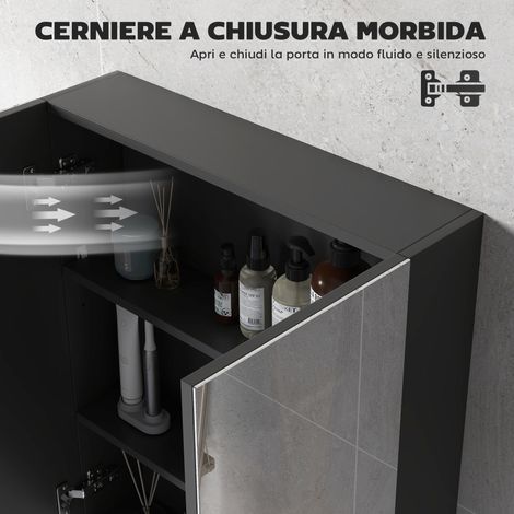 Armoire de toilette murale 2 portes miroir avec étagères intérieures, MDF noir, 60x15x75 cm (1/5)