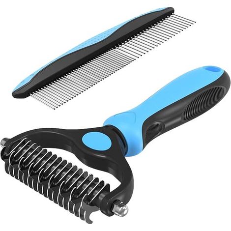 Cepillo para eliminar el pelo muerto + Set de peine metálico - Para pelaje largo y enmarañado – Gatos y perros – Azul (1/5)