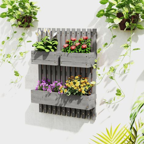 Jardinière Murale Potager - 60x16x80cm Gris - 3 Bacs Bois Massif Amovibles + Tissu Non Tissé