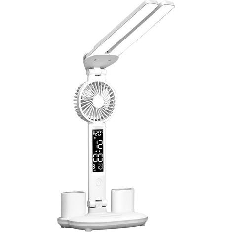 Schreibtischlampe mit LED-Ventilator, Uhr und Stifthalter, Touch-Bedienfeld, Temperatur-, Zeit- und Datumsanzeige, einstellbare Farbtemperatur von 3000K bis 6000K. (1/5)