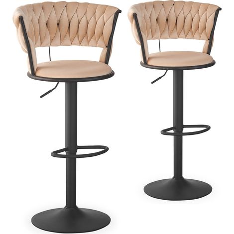 Lot de 2 chaises de bar dossier arrondi style maillage Xenox Velours Beige et Métal Noir (1/5)