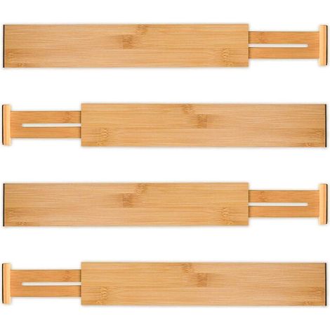 Séparateur de tiroir réglable (ensemble de 4 pièces) organisateur de tiroir en bambou, adapté aux ustensiles de cuisine, à l'argenterie, aux vêtements, à la salle de bain, à la chambre et au bureau, (1/4)