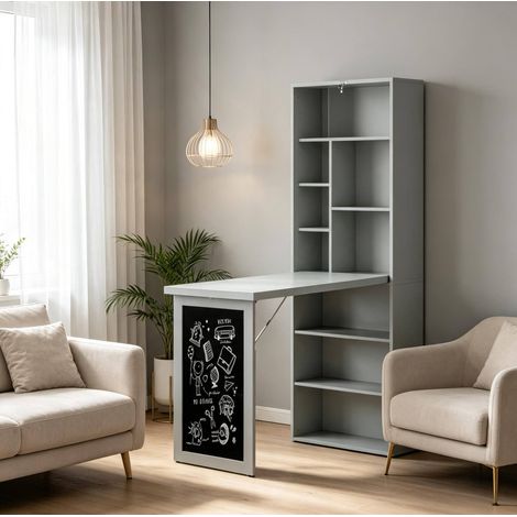 Scrivania pieghevole da parete 98x51x153 cm con 9 vani, lavagna laterale, MDF nero e grigio scuro (1/5)